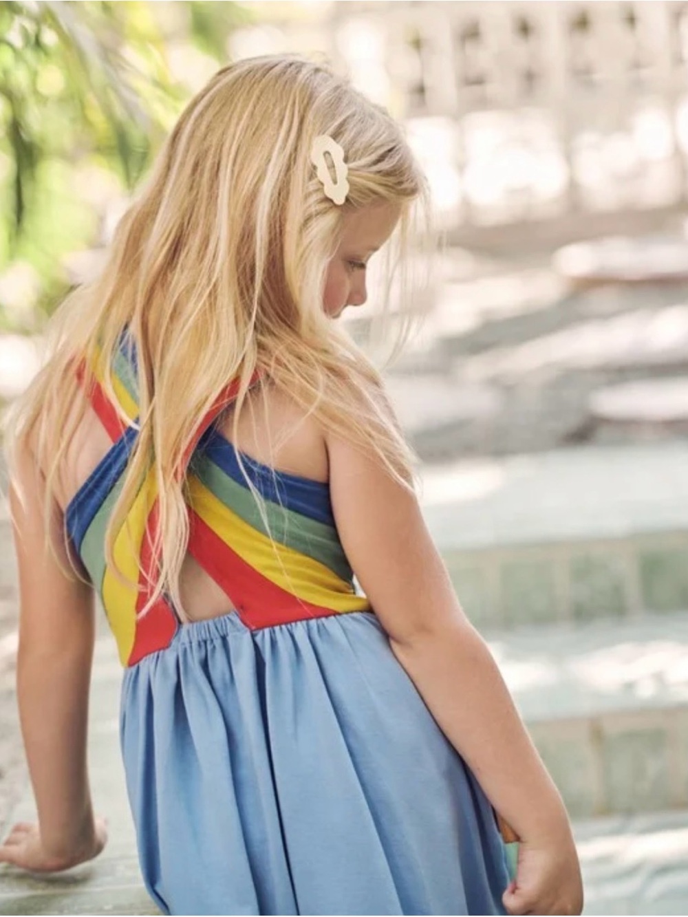 Hanna Andersson size 6/7 Rainbow Crossback Skater Dress with Pockets Storm Blue